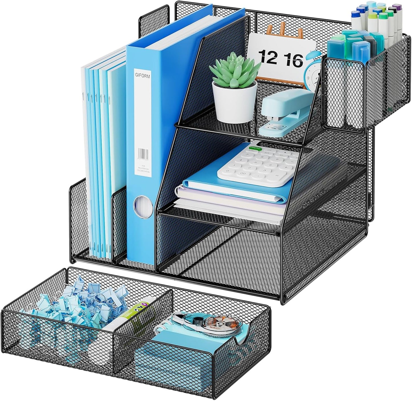 Marbrasse Desk Organizer and Accessories, 3-Tier File Organizer with Drawer and Pen Holder, Small Desktop Organizer and Storage for Workspace Office Supplies Black