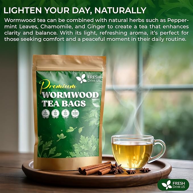 FreshDrinkUS, Premium Wormwood Tea - 40 Tea Bags - Handcrafted Herbal Blend, Caffeine-Free – Smooth Taste & Naturally Refreshing.