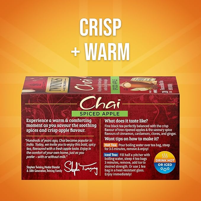 Twinings Spiced Apple Chai Black Tea Individually Wrapped Bags, 20 Count (Pack of 1), Sweet, Savoury Spices, Caffeinated, Enjoy Hot or Iced, 20 Teabags