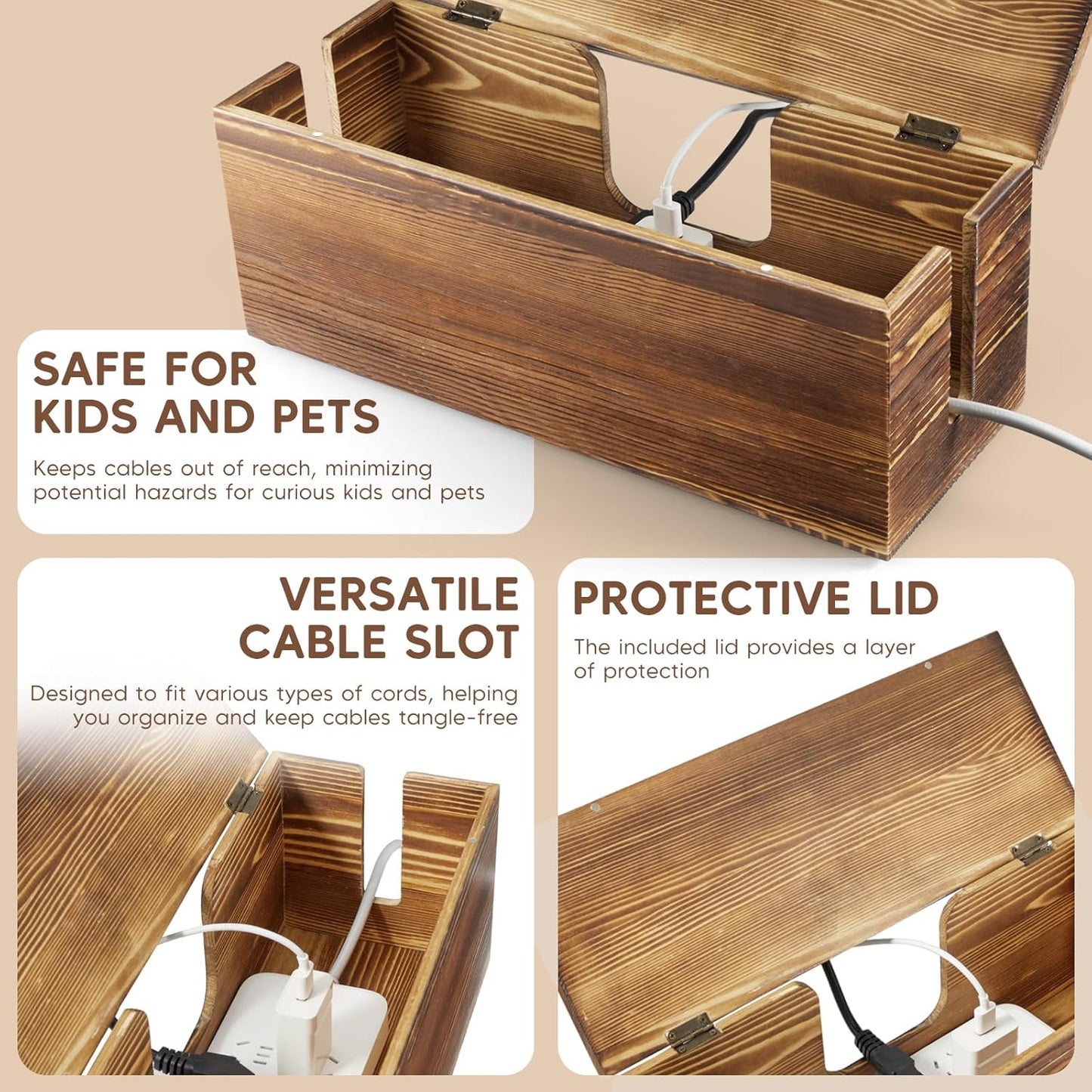Large Cable Management Box - Burnt Wood Cable Organizer Box and Power Strip Box for Electrical Cord Management - Hide Desk Cord and Floor Cables - Wire Storage and Organization for Cords