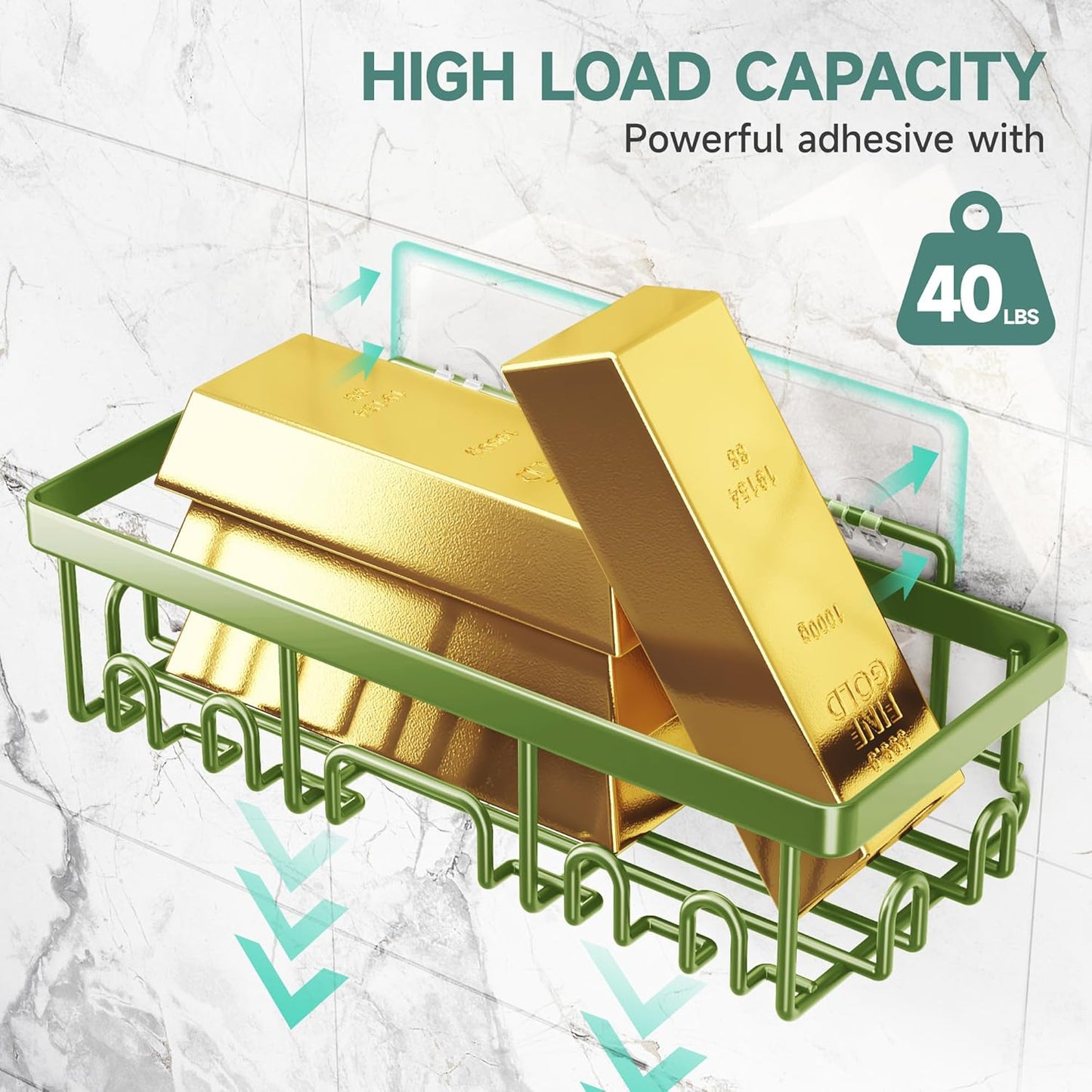 Veken Rustproof & Waterproof Shower Caddy 6-Pack, No Drilling Adhesive Shelves Rack with Soap Holder, Large Capacity Bathroom Organizers and Storage, Wall-Mounted Kitchen & Home Decor, Green