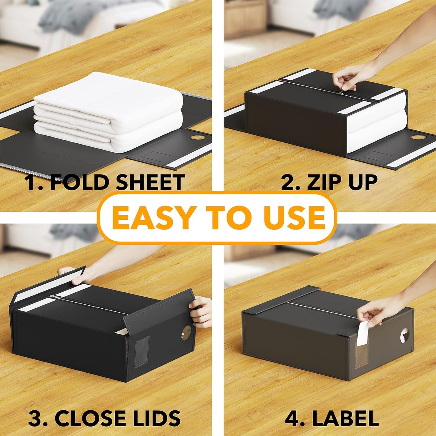 SpaceAid 3 Pack Bed Sheet Organizers and Storage, Foldable Organizer for Linen Closet, Set Folder Keeper With Window XL (Queen & King Size) Bedding Container (Black)