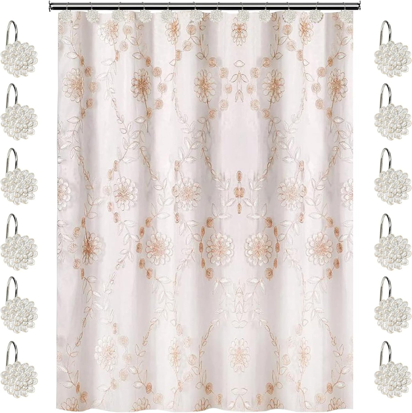 Zahari Home 13pc Rose Vine Bathroom Sheer Shower Curtain Sets Sheer Shower Curtain & 12 Shower Bathroom Hooks Modern Classic Luxury Contemporary Decor Beige Shower Curtain Set