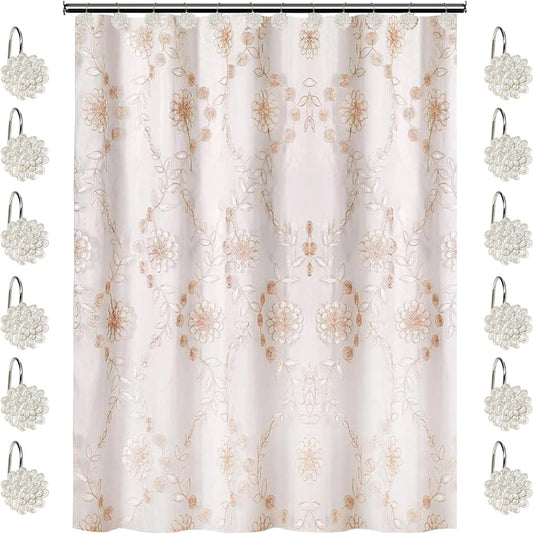 Zahari Home 13pc Rose Vine Bathroom Sheer Shower Curtain Sets Sheer Shower Curtain & 12 Shower Bathroom Hooks Modern Classic Luxury Contemporary Decor Beige Shower Curtain Set