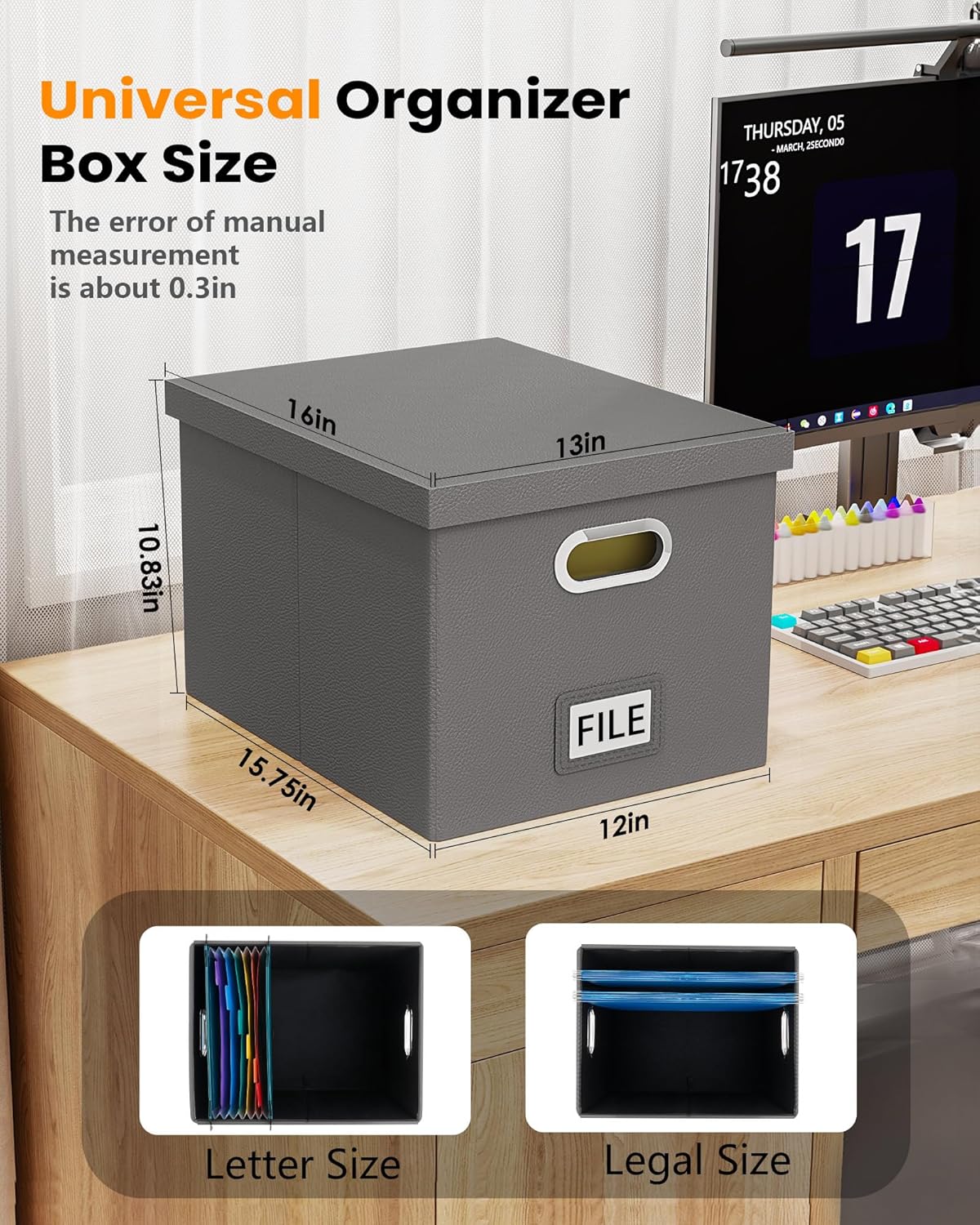 Oterri File Organizer Box with Lid, Portable Hanging File Box for Office/Decor/Home, 1 Pack, Gray (Leather)