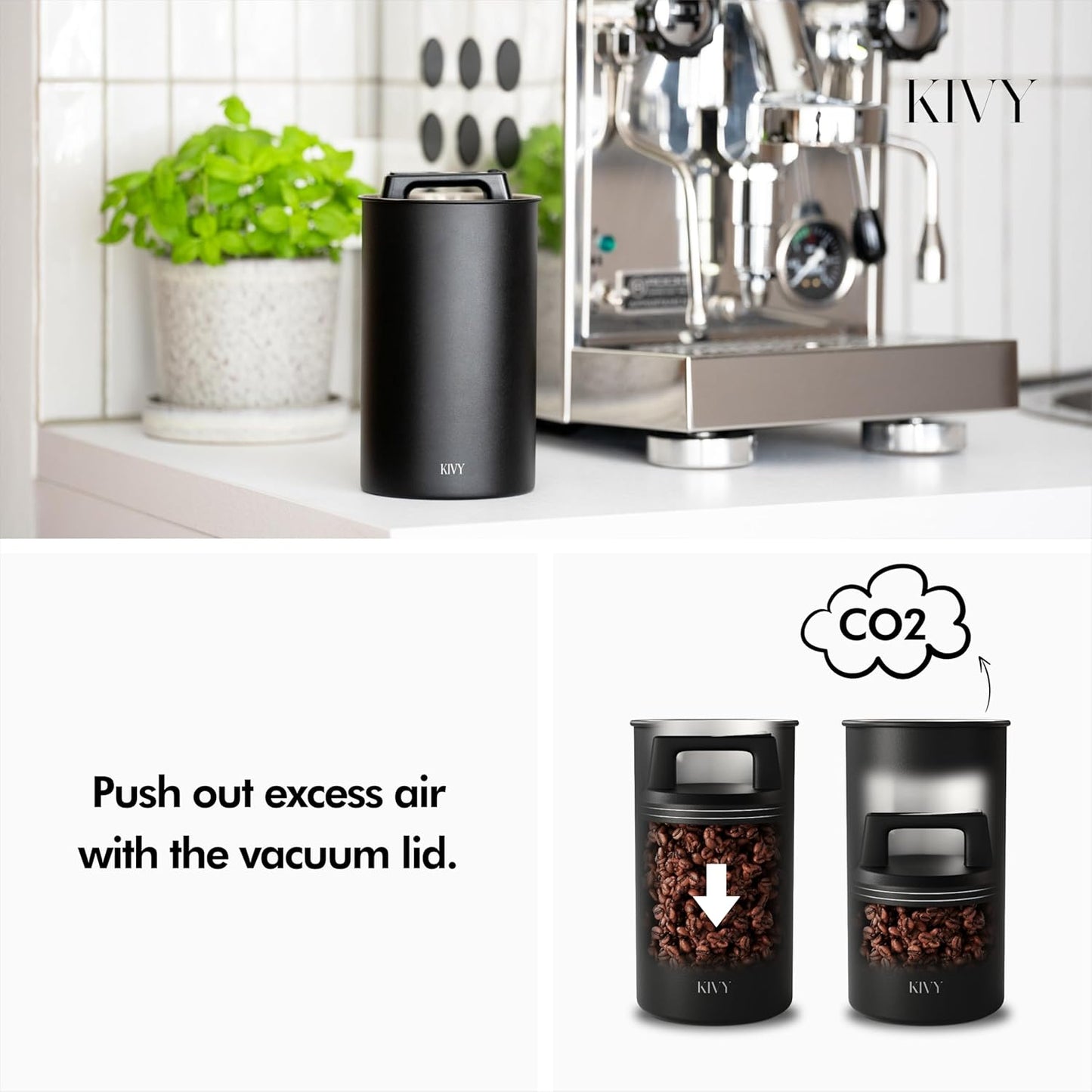 KIVY Vacuum Coffee Canister - Push Lid Preserves Coffee Aroma & Oil - Stainless Steel Airtight Coffee Canister - Container for Ground & Coffee Bean Storage - Coffee Storage Jar - Removes Excess Air