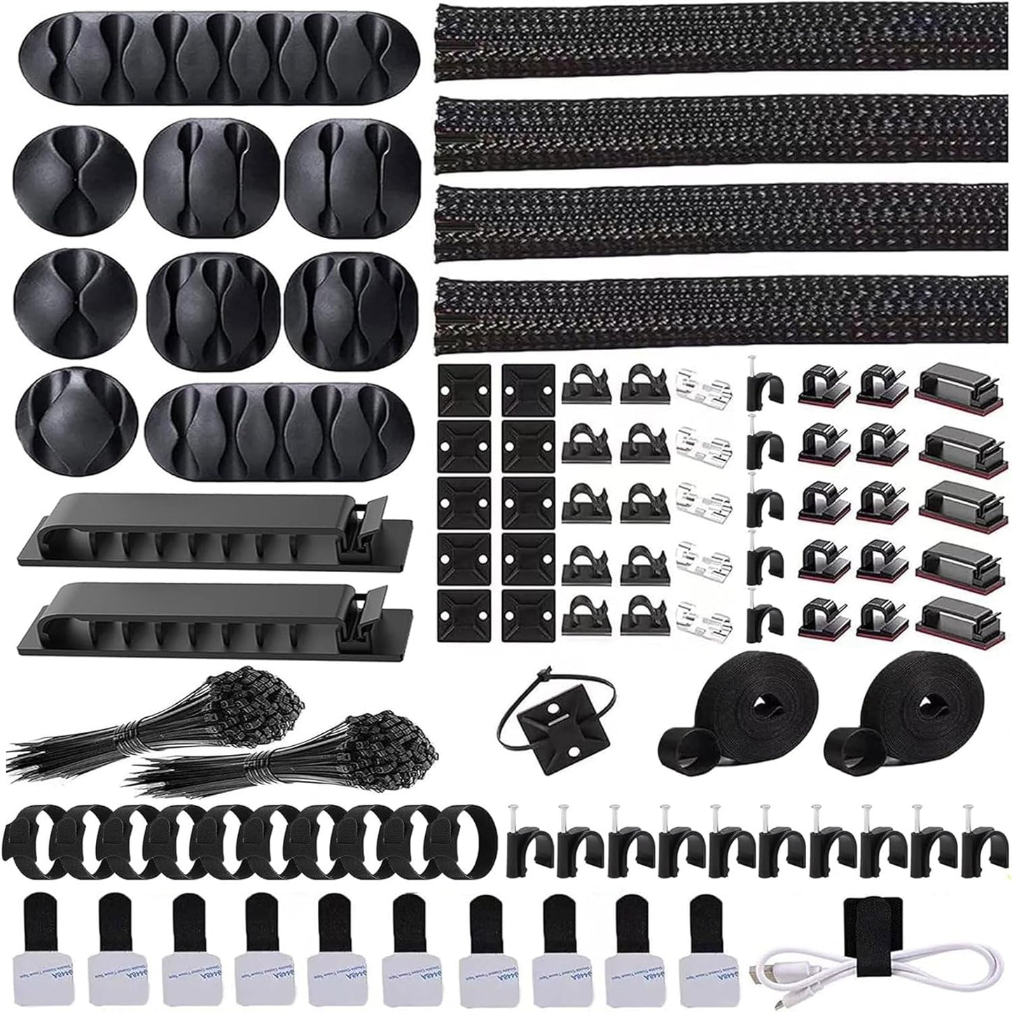 ELII 302PCS Cable Management Kit 4 Cable Sleeve,45Cable Clips,11Cable Holders,22 Roll Cable Organizer Straps and 200 Fastening Cable Ties,20 Cable Zip Tie Mounts Computer Under Desk (Black)