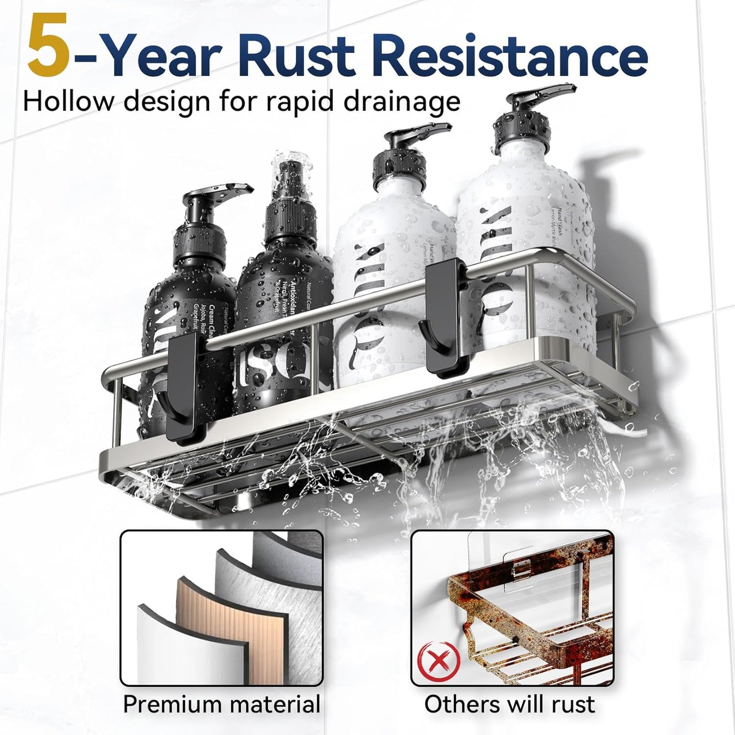 YASONIC Shower Caddy Adhesive, No Drill Bathroom Shower Organizers, with Removable Hooks, Rust Proof Shower Shelves, Wall-Mounted Shower Holder, 2 Pack Silver