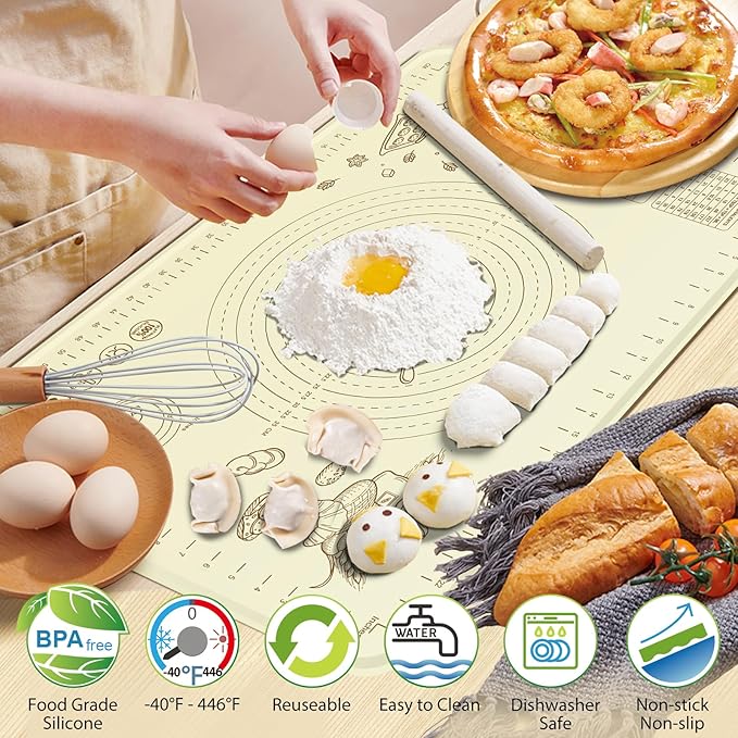 Silicone Baking Mat 28" x 20", Extra Thick Silicone Pastry Mat with Measurements and Edge Heightening, Non-stick Food Grade Dough Rolling Matfor for Pastry, Bread, Cookies, Pizza, Fondant, Pasta