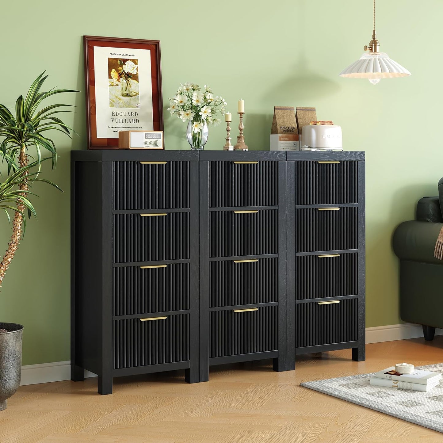 Mid-Century Modern Tall Wooden Dresser with 12 Spacious Drawers, Entryway Storage Chest with Smooth Metal Handles, Bedroom Clothes Organizer for Entryway, Office, and Small Spaces, Black X3