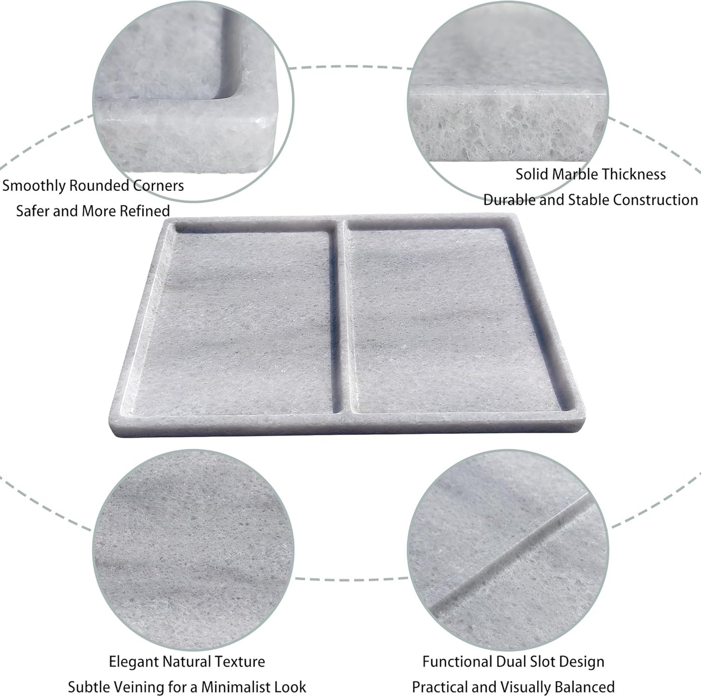10"x8" Natural Marble Decorative Tray – Dual‑Compartment Stone Vanity Organizer for Jewelry, Keys & Soap – Premium Heat‑Resistant Bathroom Decor Gift(Belken White)
