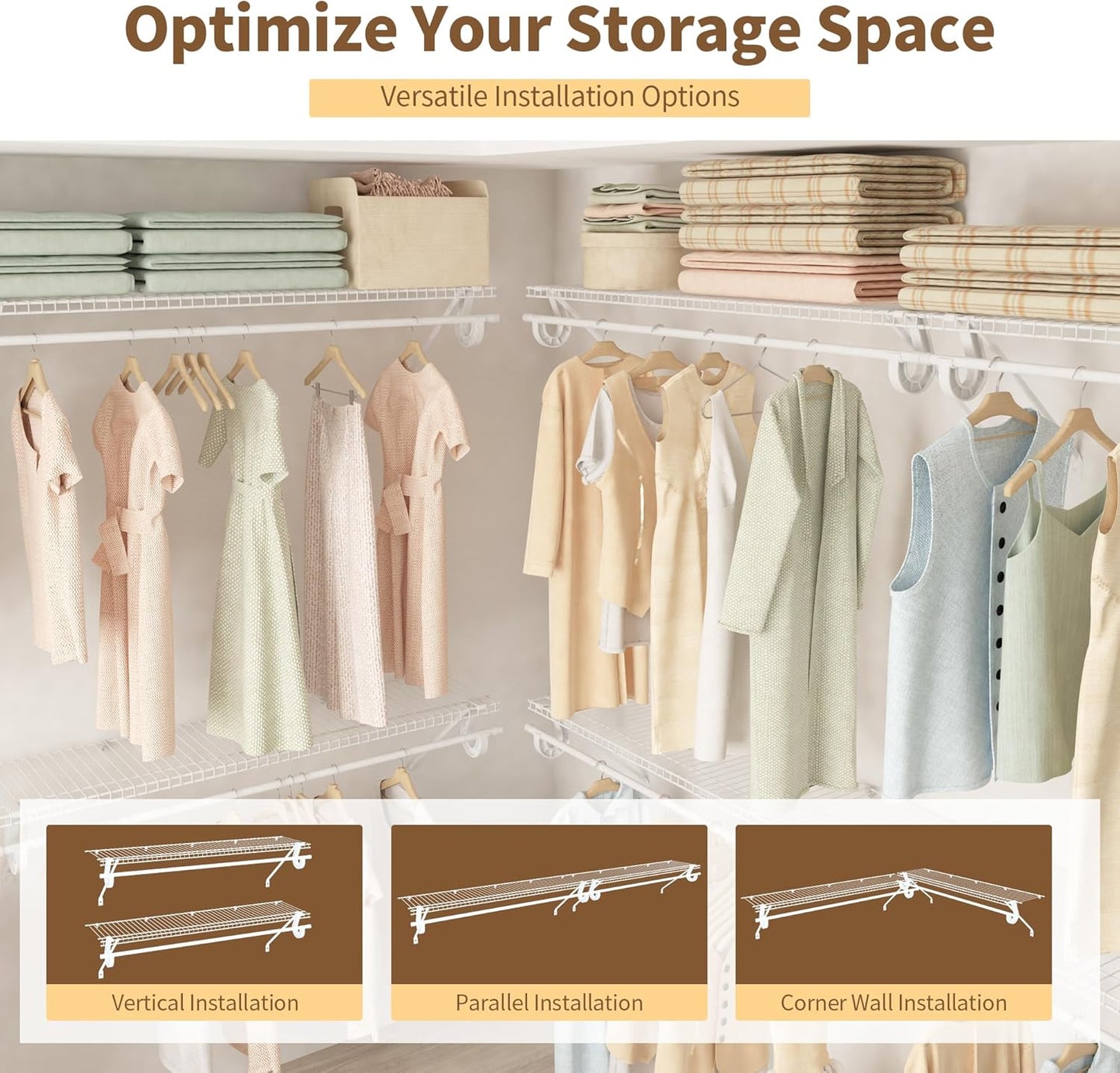 Closet Shelves Wall Mounted with Hanging Rod, 2 Pack 4 ft x 12 in White Wire Shelving Kit, Metal Wall Shelf Organizer for Home, Pantry, Laundry Room Storage