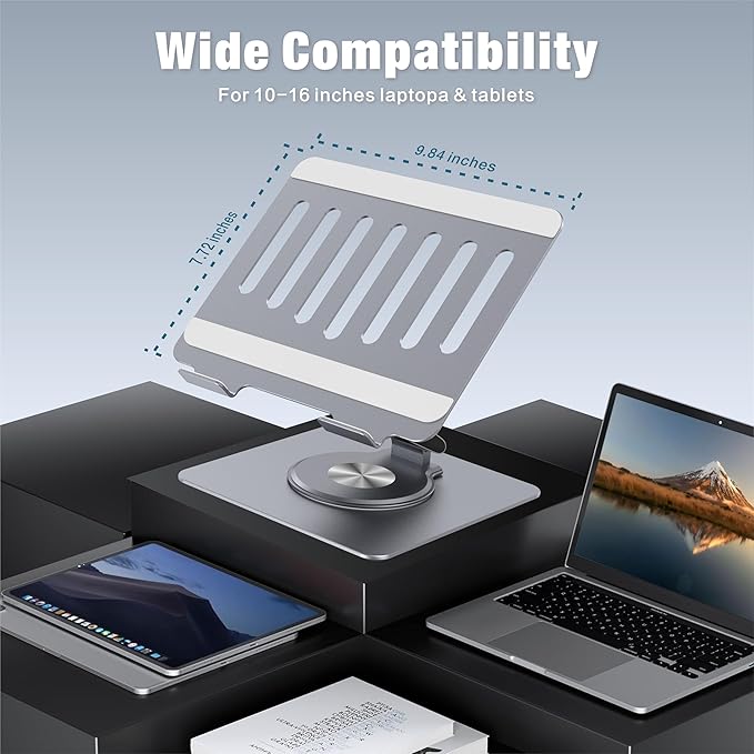Adjustable Laptop Stand for Desk with 360° Swivel Base, Aluminum Laptop Holder, Foldable Ergonomic Laptop Cooling Riser, Supports up to 18 Pounds, for Macbook Air/Pro Dell/HP and All Laptops 7-15.6"