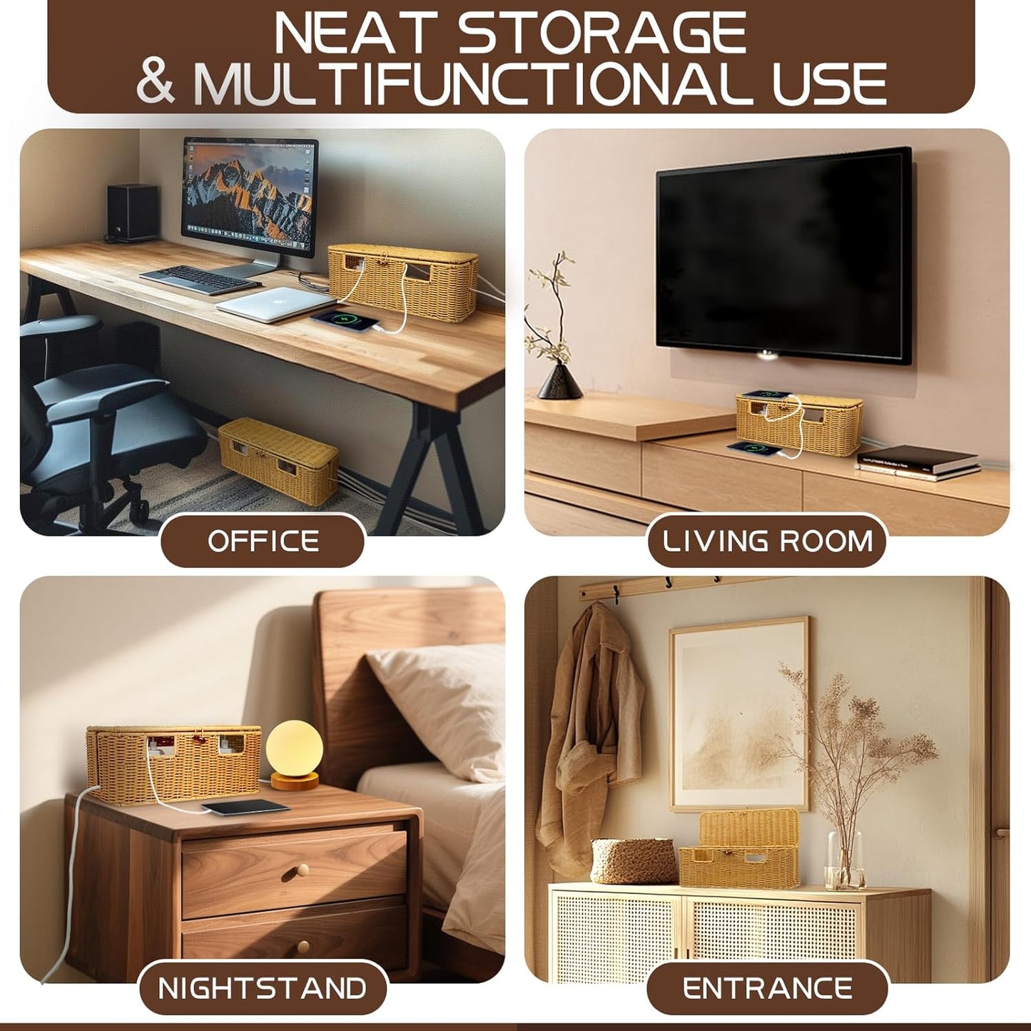 Longer Cable Management Box, 16In Handwoven Cord Management Box with 5 Slots, Floor Cord Hider Boxes for Power Strip and Wire, Cable Organizer Boxes with Lid for Desk, Floor, Office, Living Room