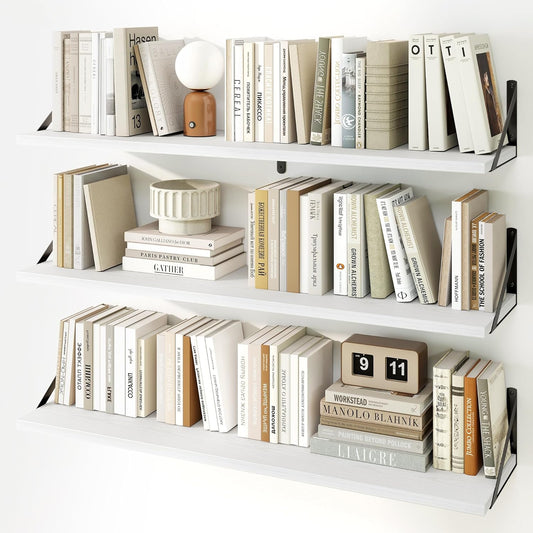 Fun Memories Long Wall Shelves for Bedroom, Set of 3 Large 40-Inch Floating Bookshelves, Rustic Wood Display Shelf for Home and Office (White)