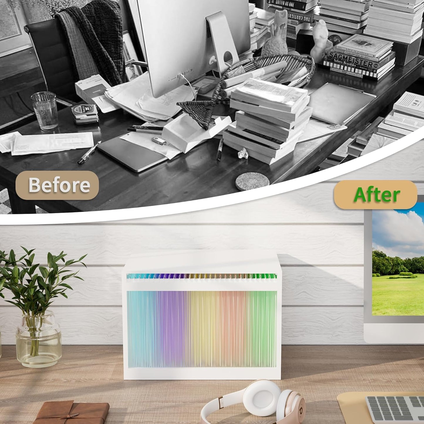 White Bamboo Acrylic File Box with Hanging Folders, Letter/Legal Size, Dustproof, Home Office File Organizer