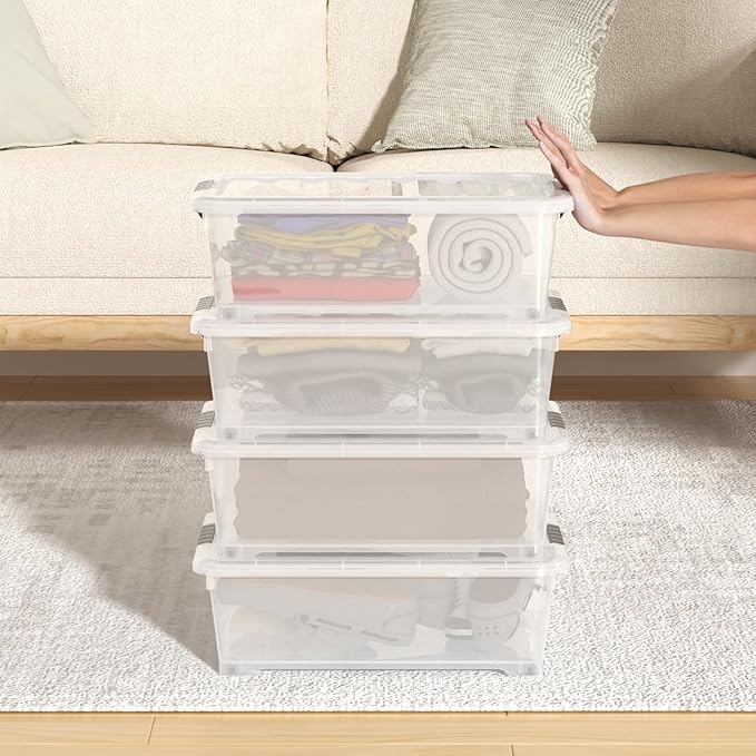 Sandmovie 4 Packs 20 Quart Plastic Under Bed Storage Boxes, Plastic Bins Storage Under Bed, Clear