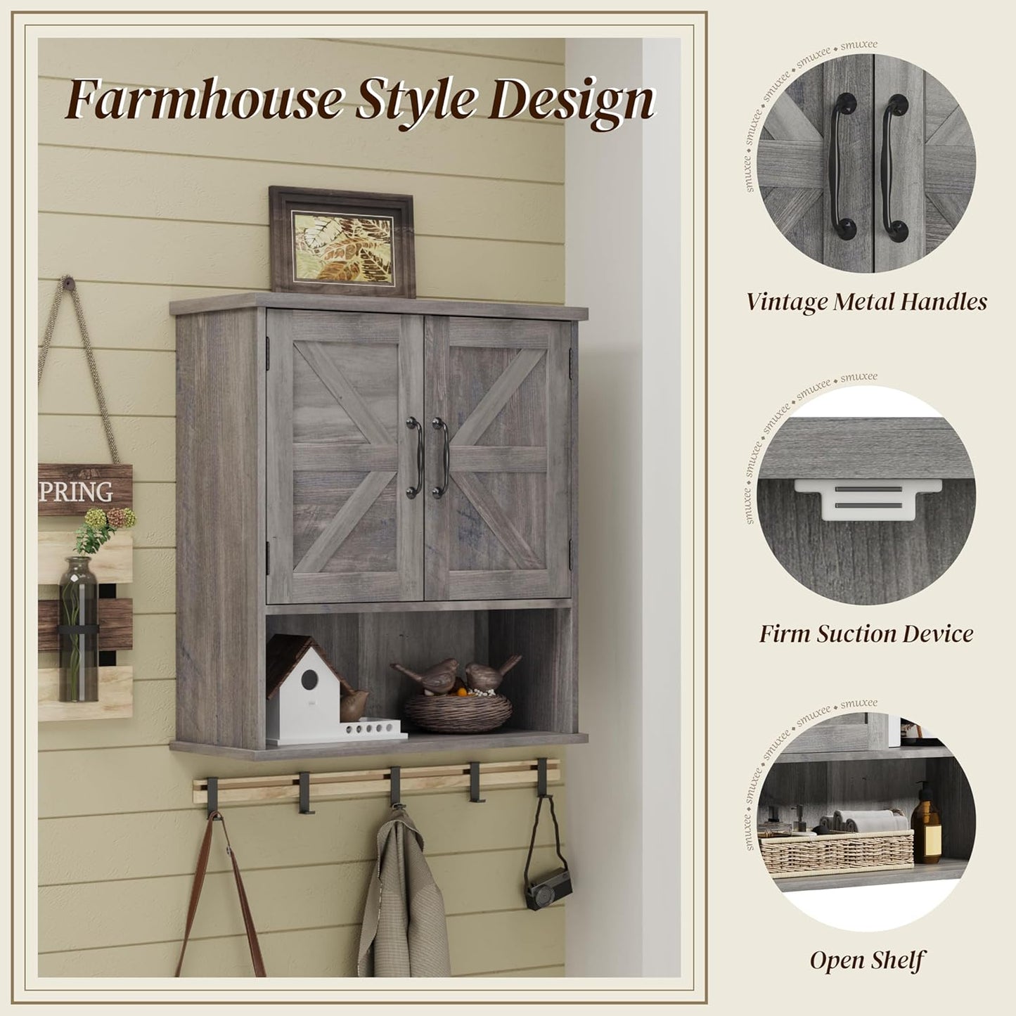 Smuxee Farmhouse Wall Mounted Cabinet, Washed Grey Small Medicine Cabinet with Adjustable Shelf, Suitable for Bathroom, Living Room, Laundry Room
