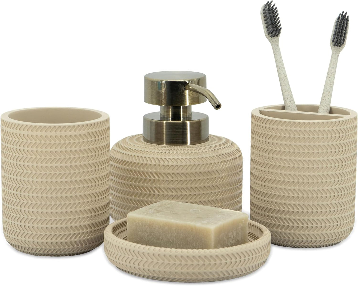 ZCCZ Beige Bathroom Accessories Set 4 Pcs - Toothbrush Holder, Soap Dispenser, Vanity Tray, Tumbler - Countertop Organizer for Bathroom Decor - Stylish and Functional Accessory Set for Home