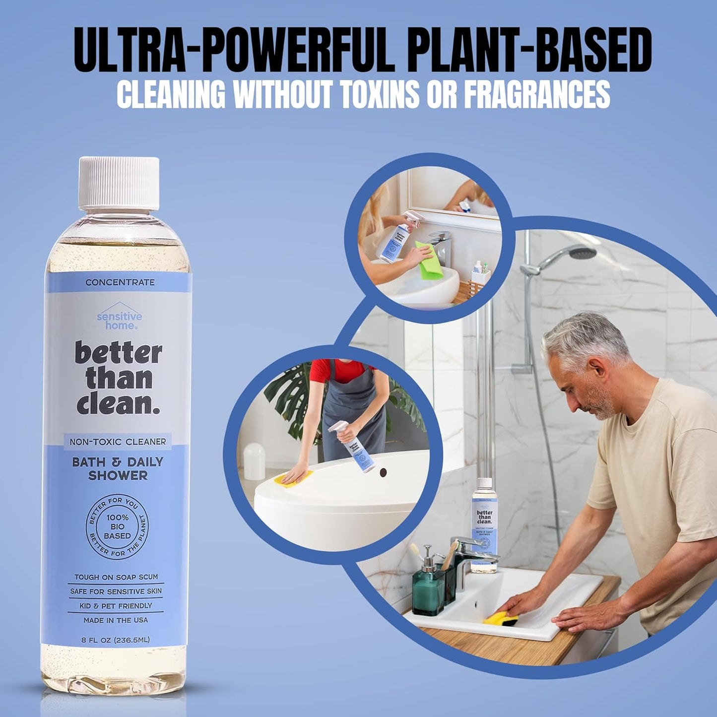 Bath & Daily Natural Shower Cleaner Concentrate - Plant-Based, Fragrance Free Cleaning Products - Hard Water Stain and Soap Scum Remover for Tub & Tile - 8oz Makes 4 Bottles