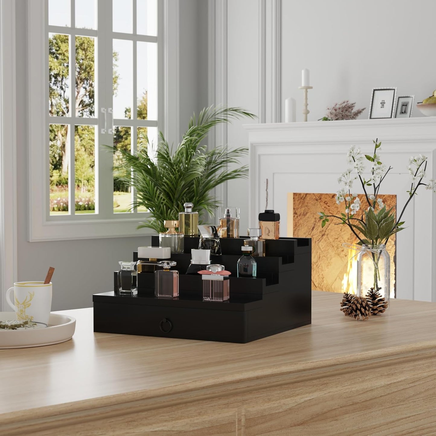 Blisse Cologne/Perfume Organizer, 4-Tier Storage Drawer with Hidden Compartments, Soft-Lined Display Case (Black)