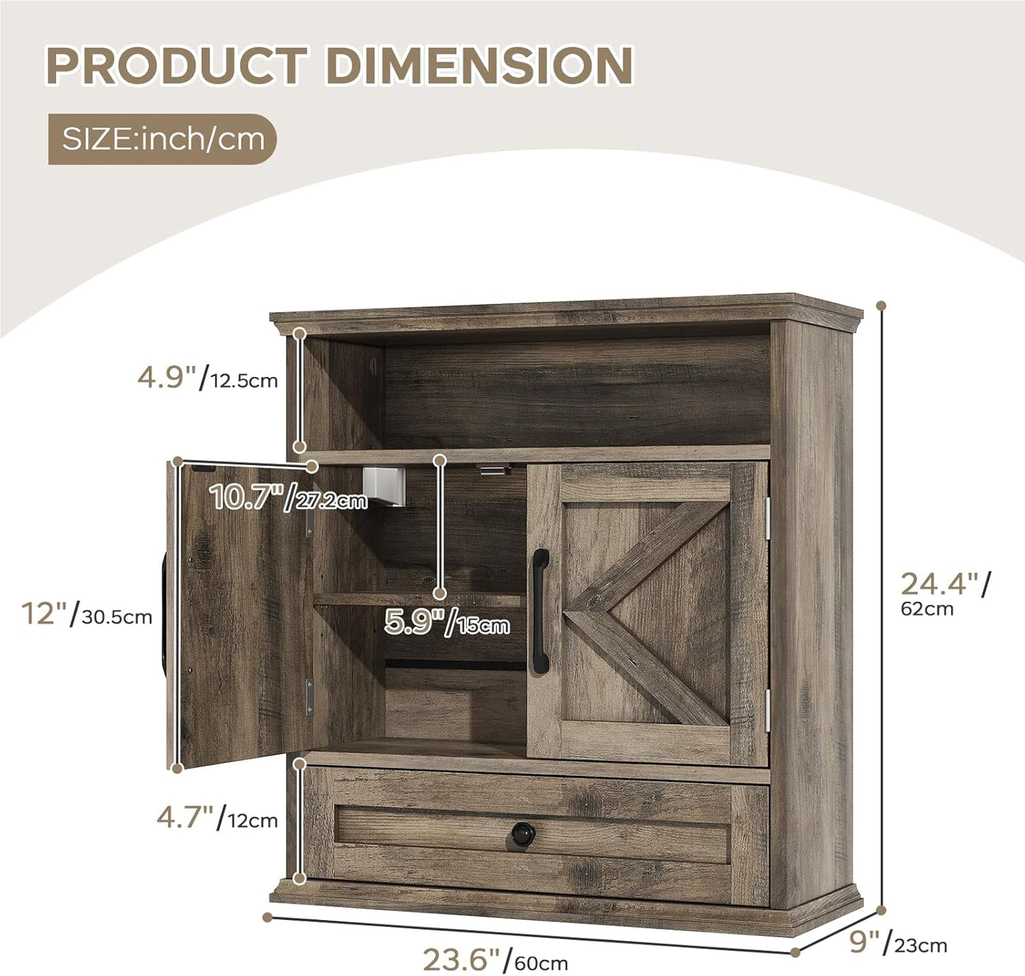 Bathroom Wall Cabinet, Wall Mounted Medicine Cabinet with Drawer, Barn Door & Adjustable Shelf, 24.4"H x 23.6"W x 9"D Grey Over Toilet Farmhouse Storage Cabinet for Kitchen, Laundry, Entryway