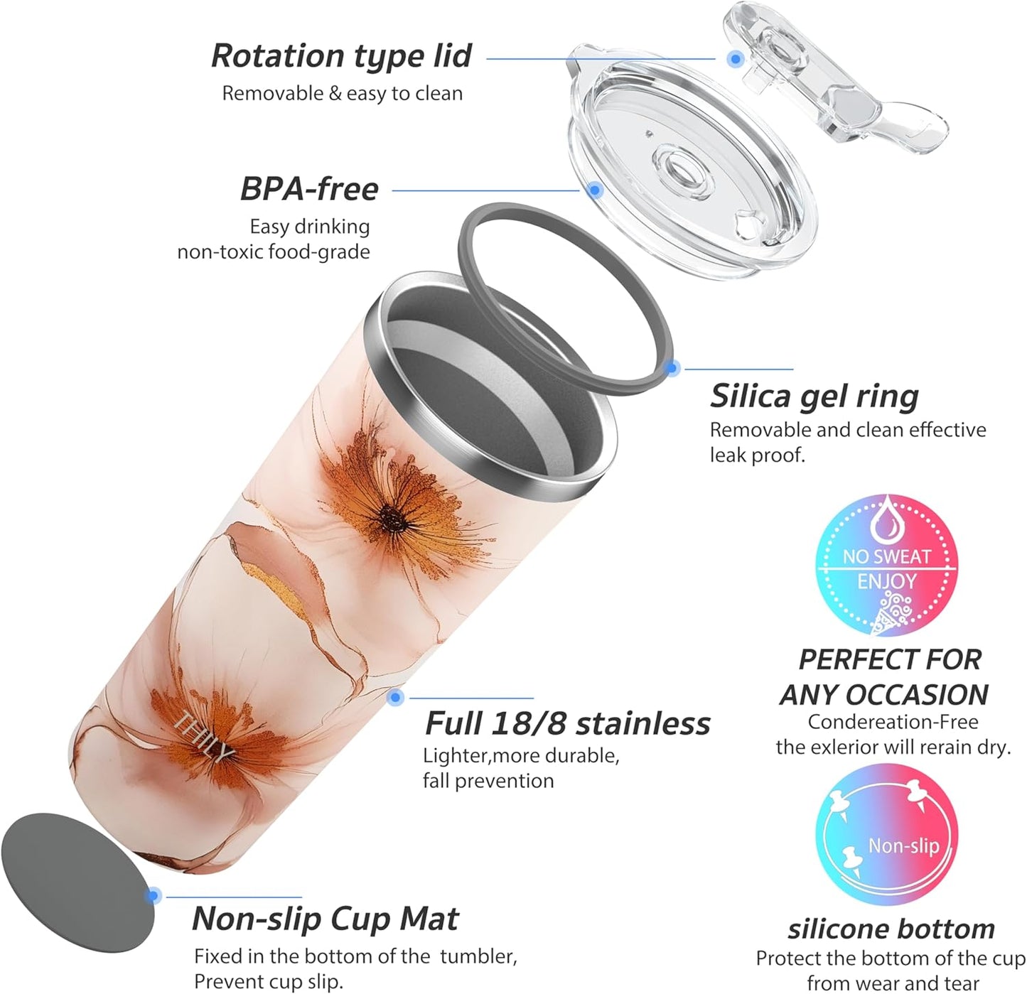 THILY Stainless Steel Vacuum Insulated Tumbler 26 oz Travel Mug Wide Mouth Coffee Cup with 2 Lids and Straws, Splash Proof, BPA Free, Keep Iced Drinks Cold, Golden Bloom Whispers