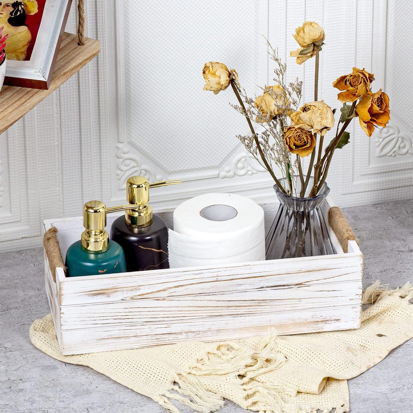 TIMRIS Rustic Wooden Toilet Paper Holder, Farmhouse Bathroom Decor, Toilet Tank Basket, Decorative Storage Container (Whitewash)