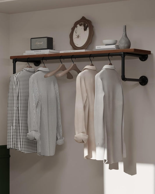 Clothes Rack 42in, Wall Mounted Garment Racks with Real Brown Wood Shelf, Heavy Duty Hanging Clothes Rack, Multi-Purpose Hanging Rod, Space-Saving Closet Storage