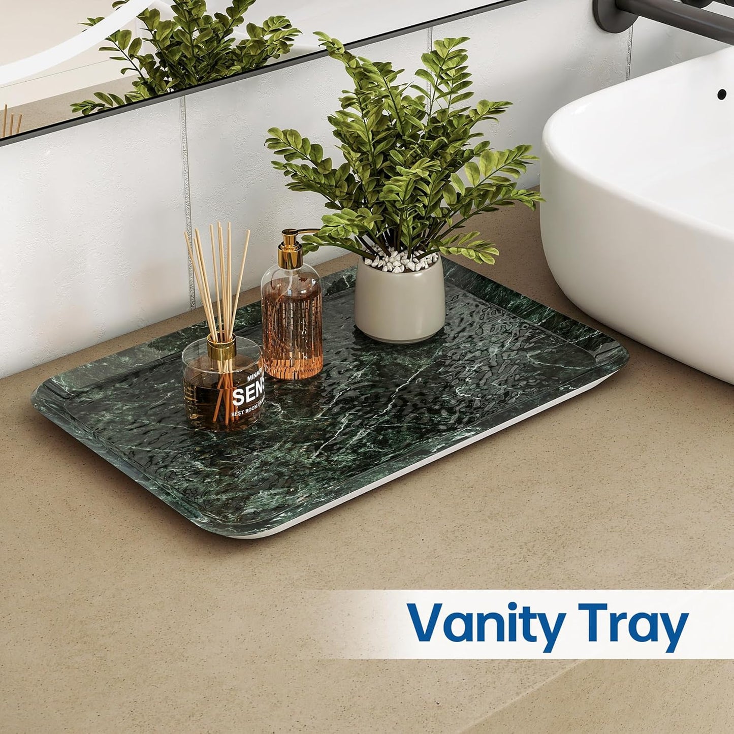 Vanity Decorative Glass Tray,12" x 8" Green Marble Pattern Perfume Tray, Bathroom Tray Countertop Organizer for Soap Towel, Jewelry, Candle