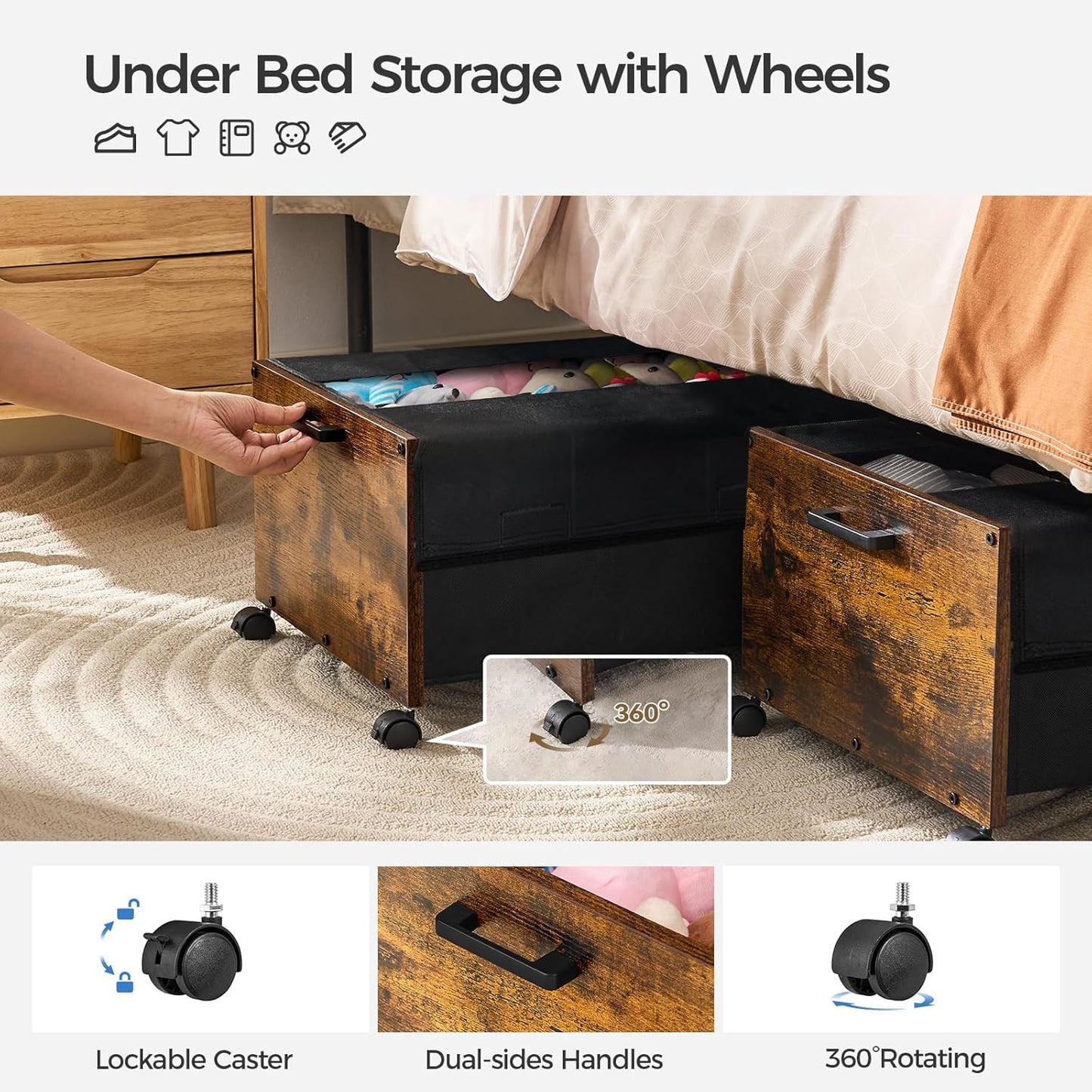 Under Bed Storage with Wheels, Under Bed Storage Containers, UnderBed Drawers with Metal Frame, for Clothes Shoes Blanket