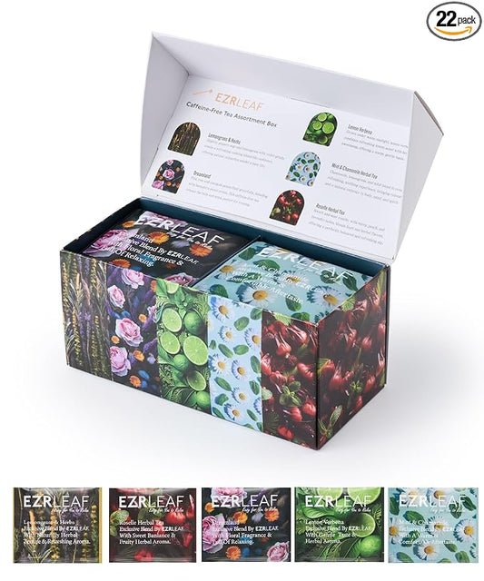 Decaf Herbal Tea Sampler – EZR Leaf 22ct Caffeine-Free Pyramid Bags, Assorted Fruit & Floral Blends with Lemon Verbena, Chamomile Mint, Dreamland, Roselle – Variety Tea Gift Set for Tea Lovers