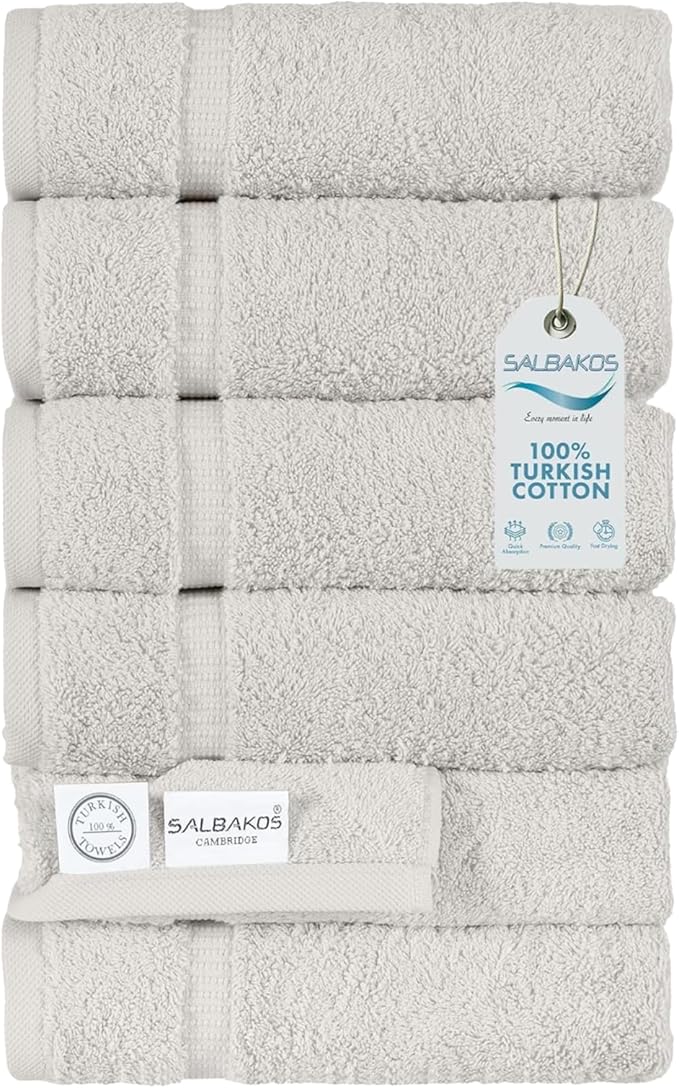 SALBAKOS 100% Turkish Cotton Hand Towel Set of 6 16x30 inch | Heirloom Quality | Hotel & Spa Collection | Ultra Soft, Super Absorbent, Long Lasting Hand Towels | Made in Turkey (Ivory, 6 Hand Towels)