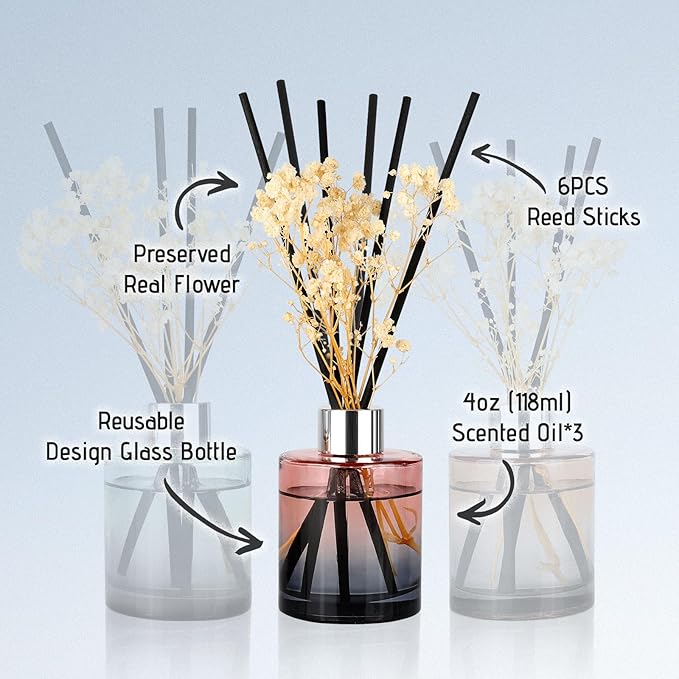 Brakula 3 Pack Reed Diffuser, Oil Diffuser Sticks, Fresh Linen, White Jasmine,Eucalyptus&Wild Mint, (4 fl oz Each Pack), Home Fragrance with 15 Stick, Shelf Decor, Reed diffusers for Home