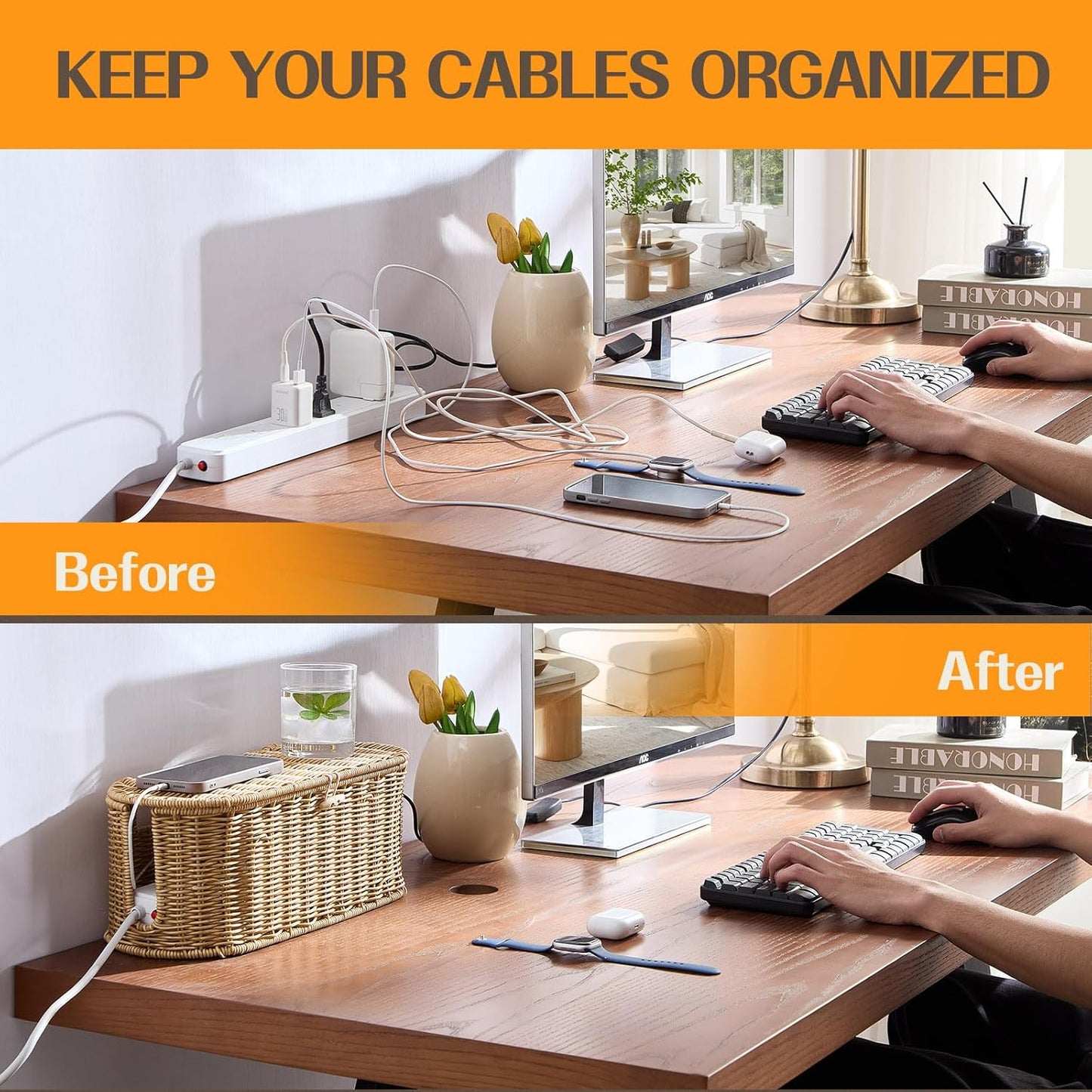 FairyHaus Cable Management Box 2Pack Caramel, Handwoven Large and Small Cable Organizer Box Cover to Hide Cords and Power Strip, Imitation Wicker Cord Organizer Box Hider for Office Desk and Floor