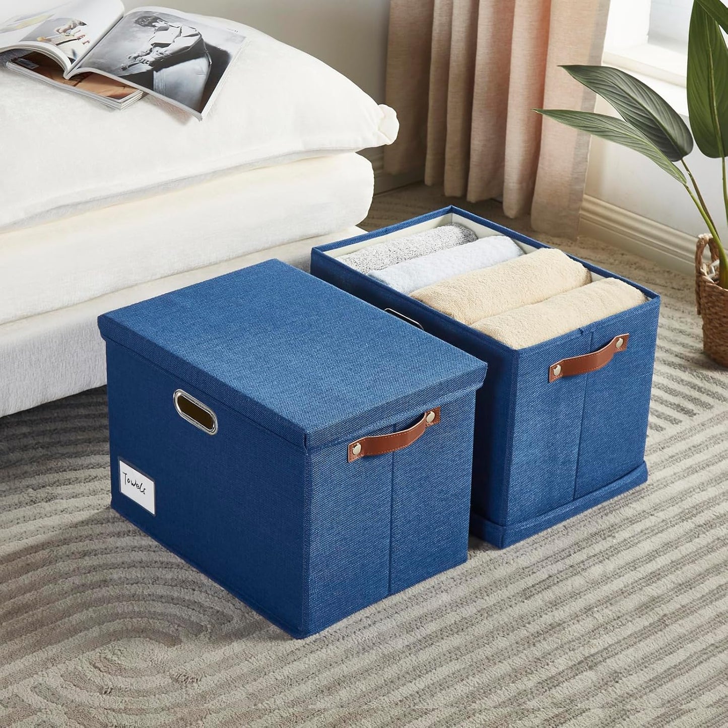 17" Large Collapsible Storage Bins with Lids, Stackable Closet Organizers with PU Handle and Labels, 3-Pack Decorative Fabric Storage Boxes for Home, Bedroom, Closet, Office, Nursery(Navy)