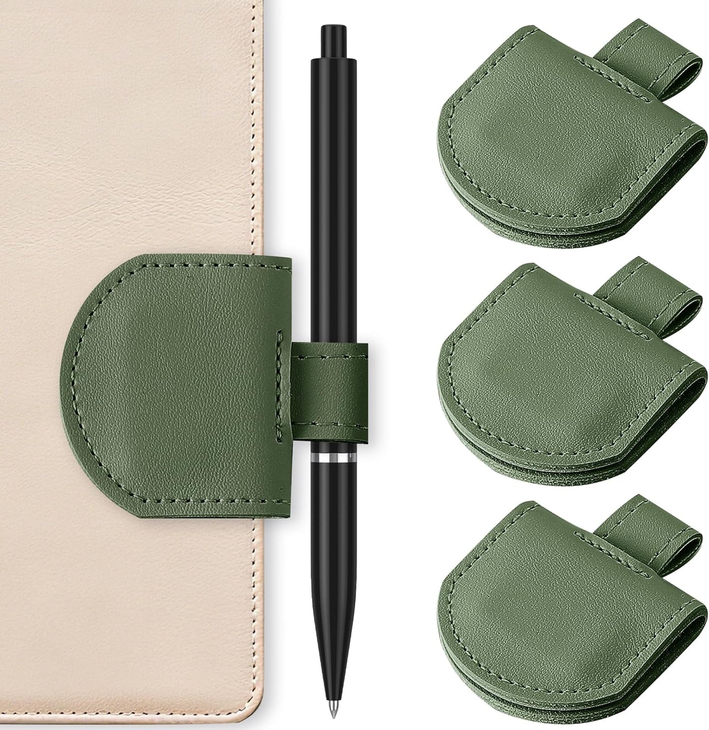 Magnetic Pen Loop Holder, Pencil Holder for Notebooks, Journals, Calendars, PU Leather 3 Pack, Green