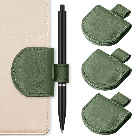 Magnetic Pen Loop Holder, Pencil Holder for Notebooks, Journals, Calendars, PU Leather 3 Pack, Green
