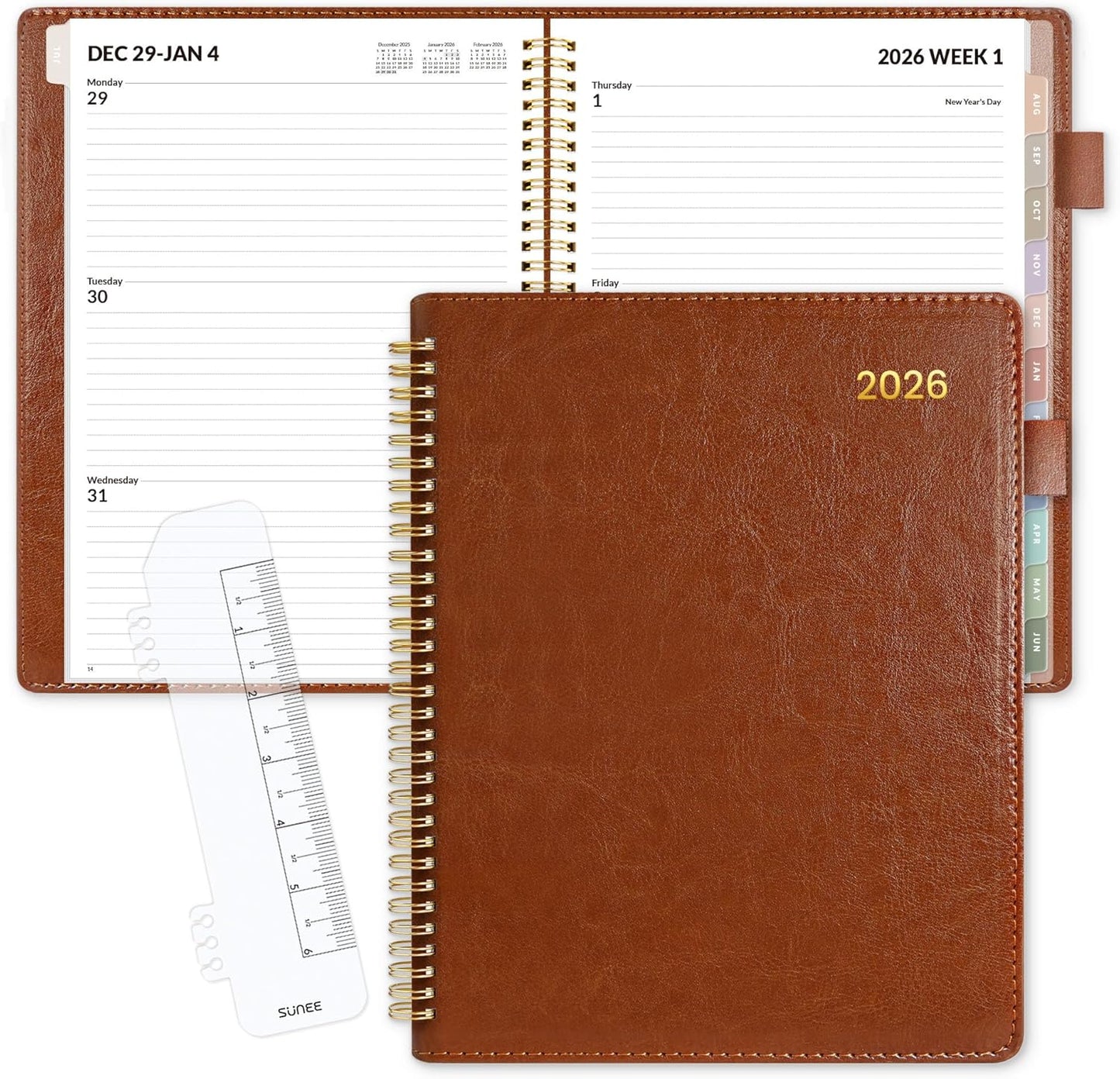 SUNEE 2026 Weekly & Monthly Planner 9"x11.2"- 12 Month (January 2026 - December 2026), Vegan Leather Cover, Pocket, Bookmark, Notes, Monthly Tab, Brown