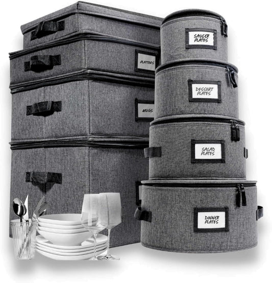 HOMELUX THEORY 8pcs Hard Shell China Storage Containers, Mug Storage, Wine Glass, Utensils, & Plate Storage Containers with Lid, Heavy Duty Dinnerware Storage for Packing Plates, Glassware & Cutlery