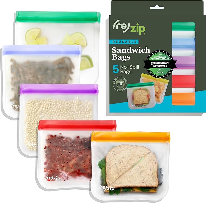 (re) zip 5-pack Reusable Sandwich Lunch Food Storage Bags (28 Fl Oz, 3.5 Cup) | BPA-Free, Food Grade, Leakproof, Freezer Safe, Dishwasher Safe, Travel Friendly | Jewel Tones for Easy Organization