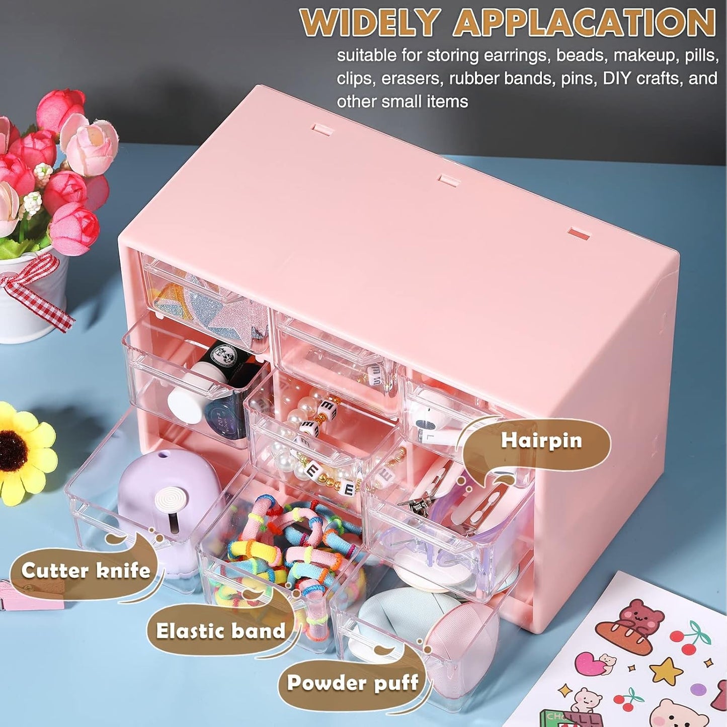 Amyhill 6 Pcs Mini Drawer Organizer Small Organizer with 9 Drawers Plastic Desktop Craft Storage Box for Office Home Room Jewelry Cosmetics Collection(Pink)