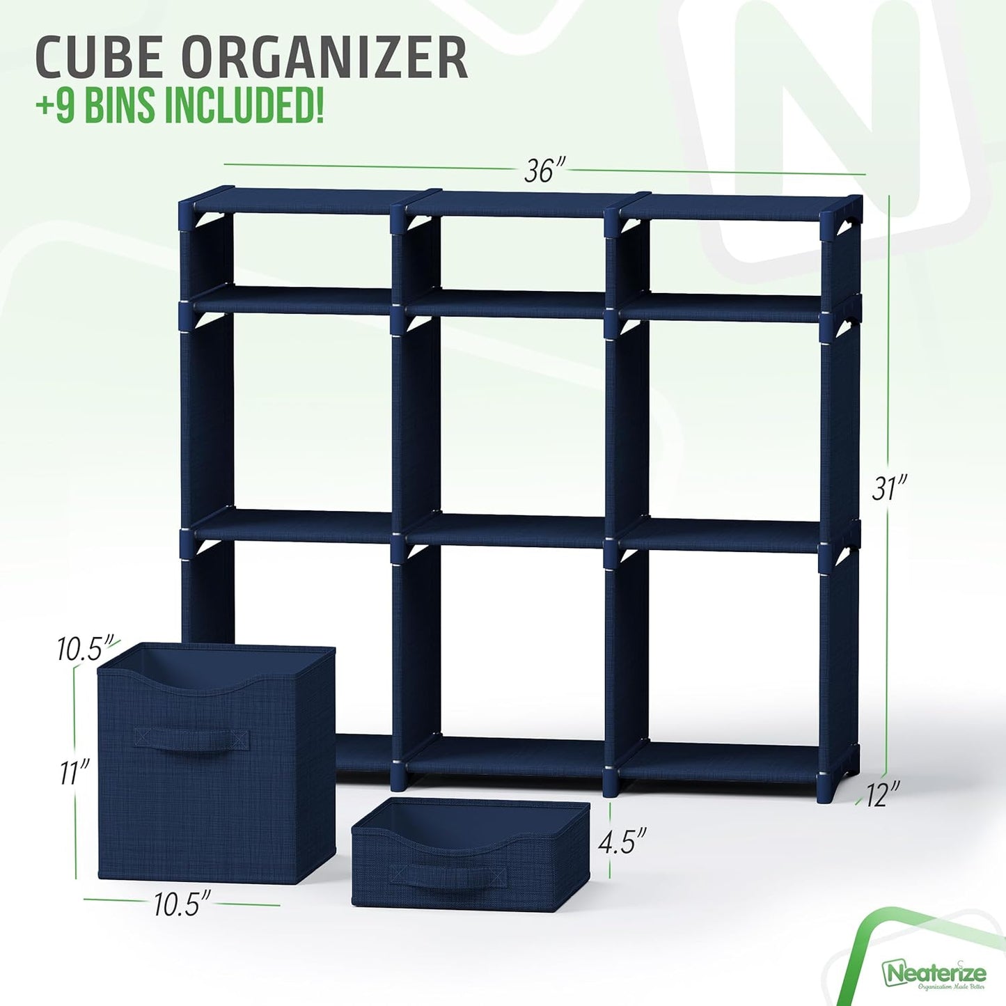 9 Cube Distressed Organizer with Drawers - Easy Assemble - Baby, Kids Dorm Room Organizer (Navy)