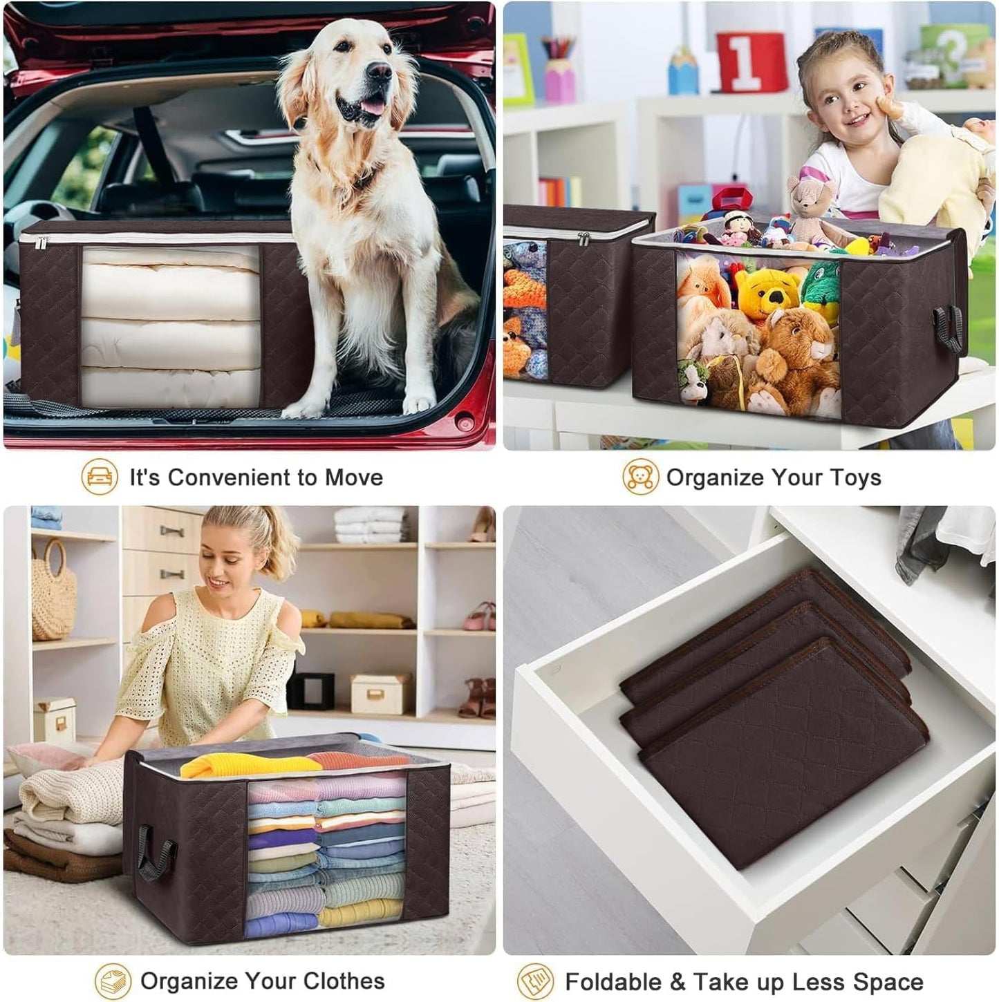 Budding Joy Clothes Storage, Foldable Large Blanket Bags, Storages and Organization for Clothing, Blanket, Comforter, Clothes, Pillows, Toys, Closet Organizers with Enhanced Handle, 60L 6 Pack Brown