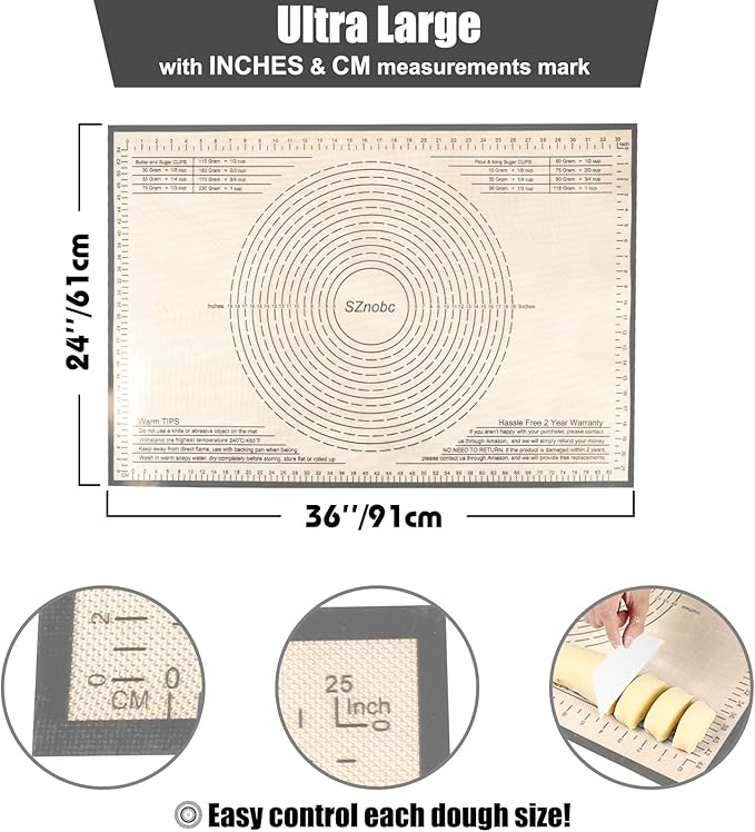 Silicone Pastry Mat 36''By 24'' Nonstick Baking Mats Extra Large Counter Mat for Dough Rolling, Pastry, Pie Crust, Fondant, Cookies, Bread, Pasta, Pizza Mat