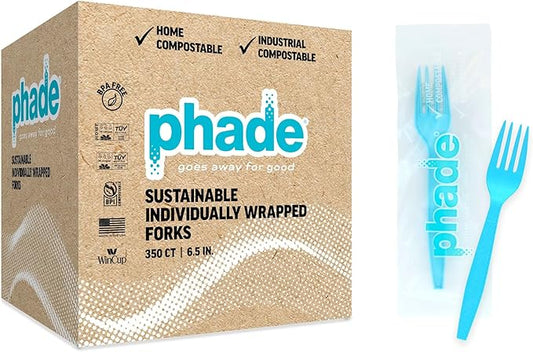 phade 100% Compostable Forks – BPI Certified Wrapped Cutlery in Compostable Packaging, 350 Bulk Count, 6.5 Inch Sustainable Disposable Utensils for Events, Takeout, Home – Made in USA