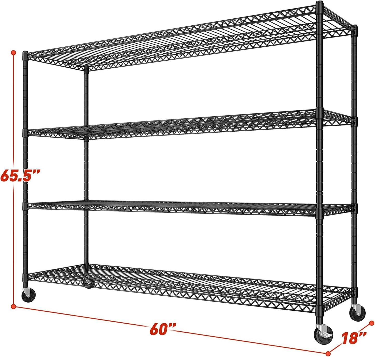 REIBII 60''W Storage Shelves 2399LBS Wire Shelving with Wheels Garage Shelving Heavy Duty Metal Shelves for Storage Rack Adjustable Shelf for Commercial Garage Kitchen, 60" W x 18" D x 65.5" H