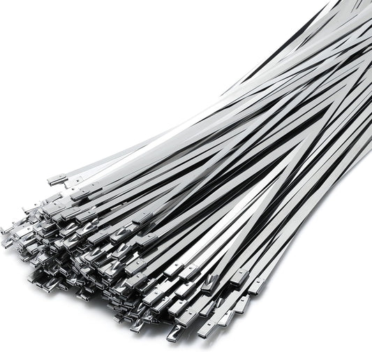 Metal Zip Ties (50 pcs / 11.8 Inch) 304 Stainless Steel, Heavy Duty Self-locking Cable Ties, for Exhaust Wrap, Chain Link Fence Parts, Heat Resistant Fencing Tie. for Pipe, Auto repair. (50)