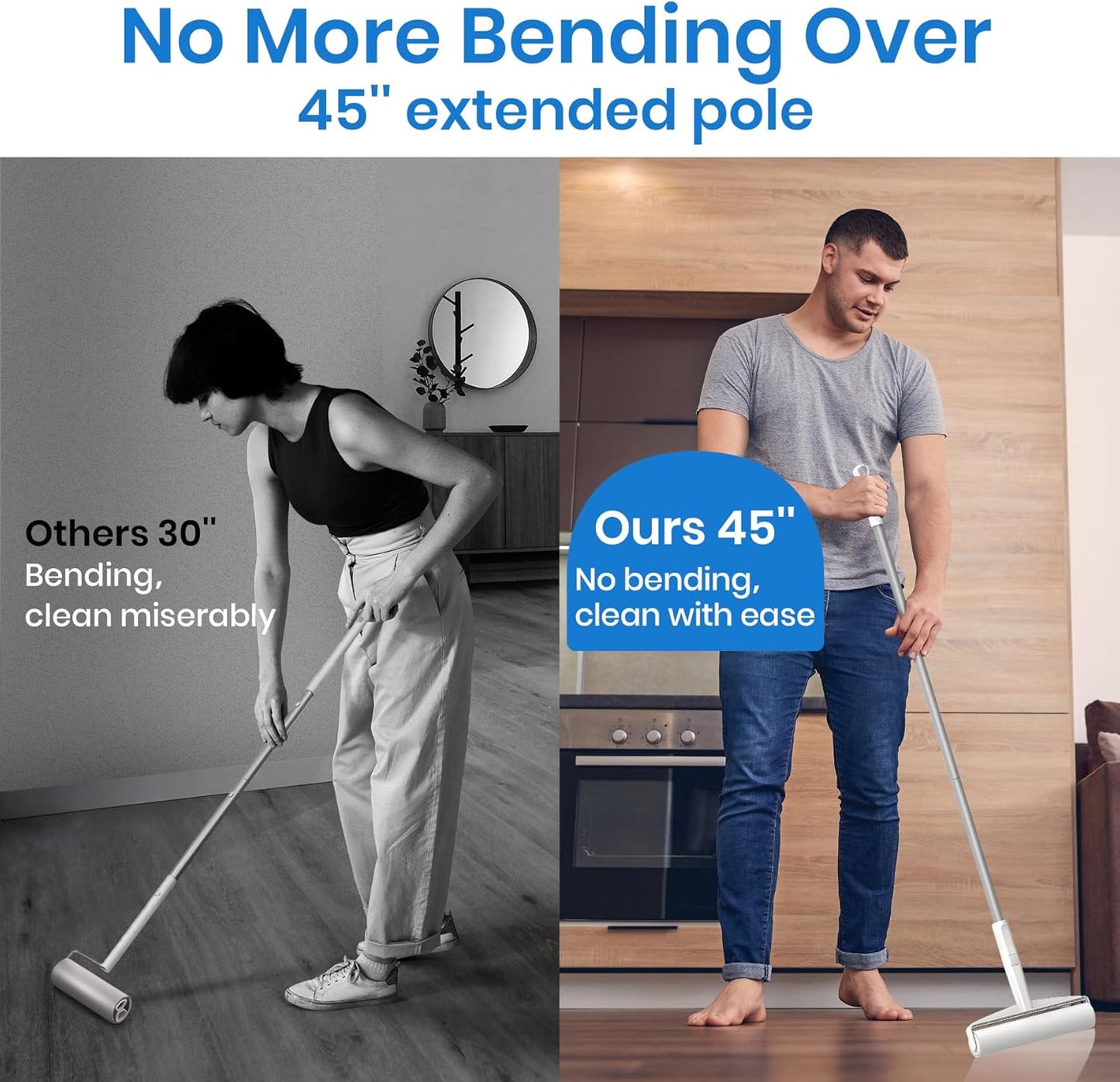 DELOMO Large Lint Roller for Floor & Carpet – 9.45" Extra Sticky Long Handle Roller with 360 Sheets, Easy-Peel Sticky Roller Mop for No-Bending Cleaning of Pet Hair on Couch, Furniture, Bed, Rug