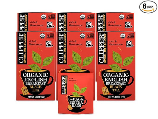 Clipper Tea, English Breakfast, Fairtrade, Organic, Plant-Based, Caffeinated British Tea, 6 Pack, 120 Unbleached Tea Bags